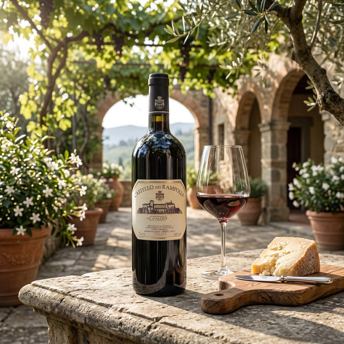 Bottle of red wine with a glass and cheese on a stone table in an outdoor setting with arches and plants.