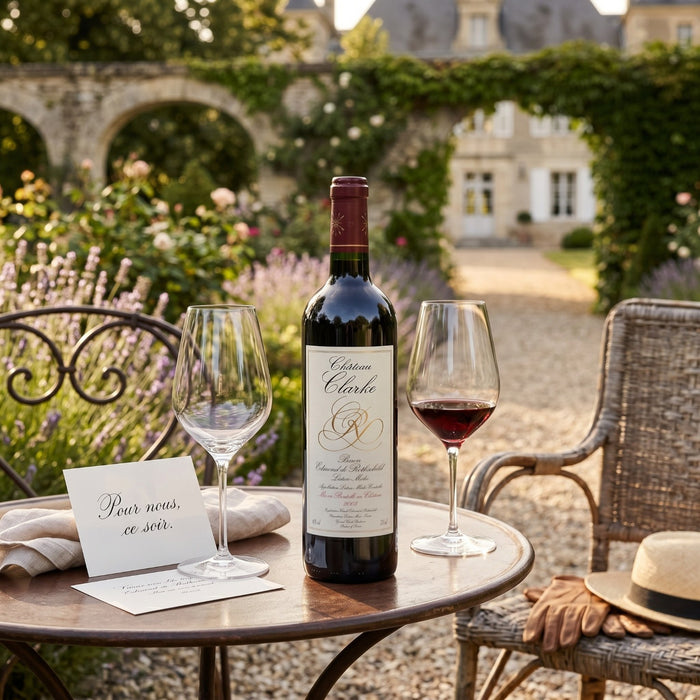 A bottle of Chateau Clarke 2005 in the garden