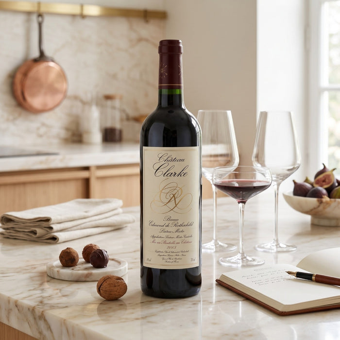 A bottle of Chateau Clarke 2005 in the kitchen