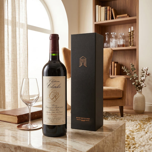 A bottle of Chateau Clarke 2005 with a gift box in the home