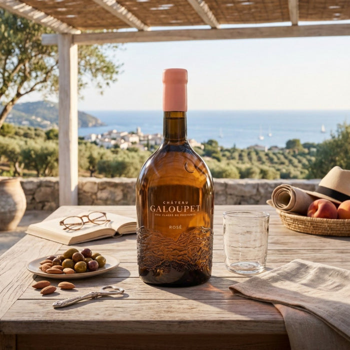 A bottle of Château Galoupet rosé wine stands on a wooden table outdoors under a thatched roof, with a scenic sea and green hills in the background. The table is styled with a glass, olives, almonds, an open book, and a hat.