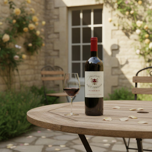 Bottle of Chateau Haut Ferrand Pomerol wine on a table with a glass in a garden setting.