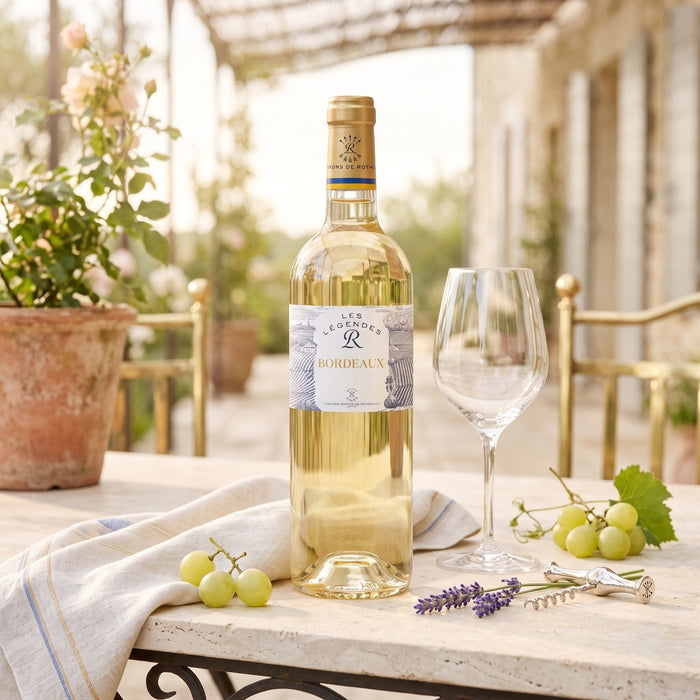 A bottle of Les Legendes Bordeaux  Blanc on a marble table outside with a glass and grapes
