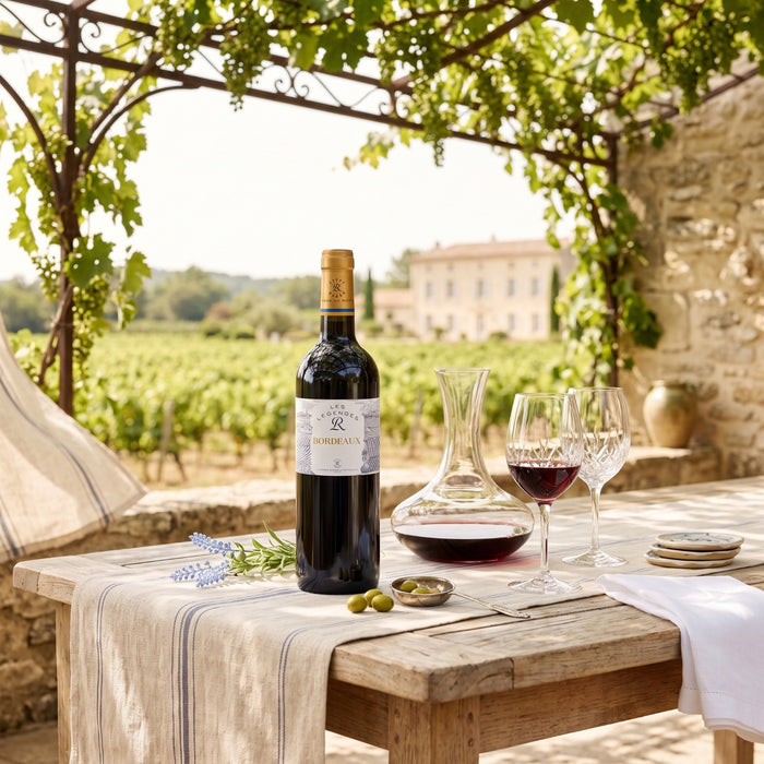 A bottle of Les Legendes Bordeaux Rouge stands on a rustic wooden table outdoors under a vine-covered pergola, with a decanter, two wine glasses partly filled with red wine, olives, and a striped cloth. A vineyard and stone building are visible in the background.