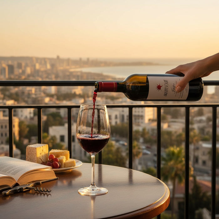 Person pouring red wine into a glass on a balcony with a cityscape view during sunset.