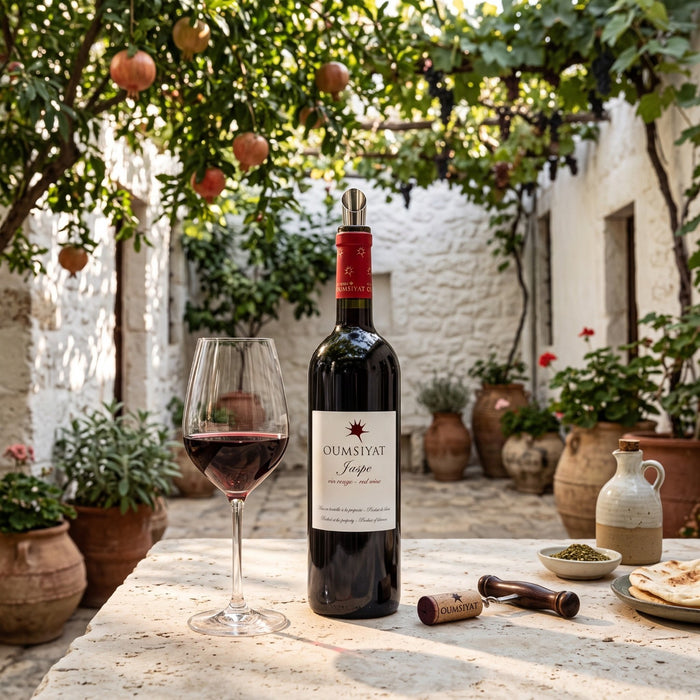 A bottle of Oumouyat Jaspe red wine stands on a stone table beside a filled wine glass, with a cork and corkscrew nearby. The setting is an outdoor courtyard with white walls, hanging grapevines, and potted plants under leafy vines.
