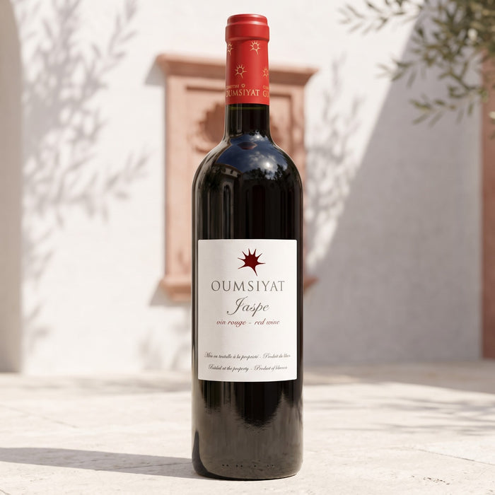 A bottle of Oumsiyat Jaspe red wine stands on a sunlit stone surface against a white wall with soft shadows and a small wooden wall-mounted frame behind it.