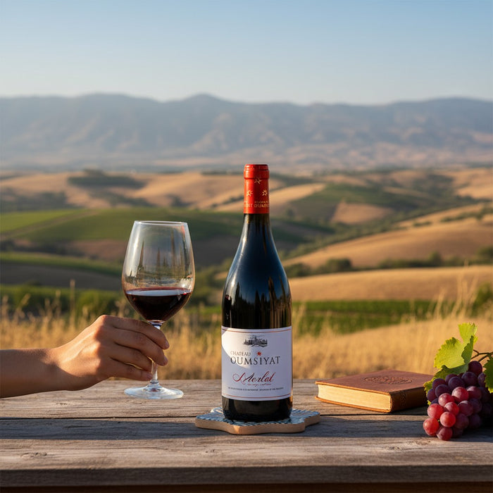Bottle of Oumsiyat wine with a glass and grapes on a wooden table with a scenic background