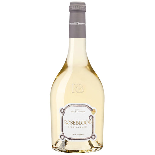 Bottle of Roseblood white wine on a white background