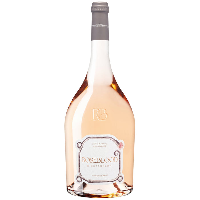 Roseblood wine bottle on a white background