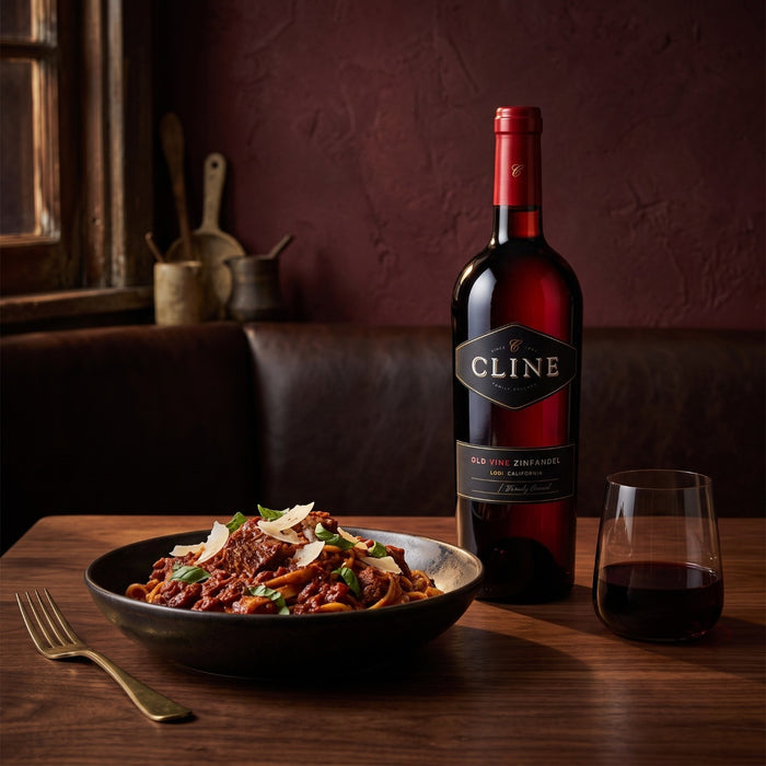 A bottle of Cline Claret Red Zinfandel wine stands on a wooden table beside a bowl of pasta and a glass of red wine, set in a warm, rustic dining room.