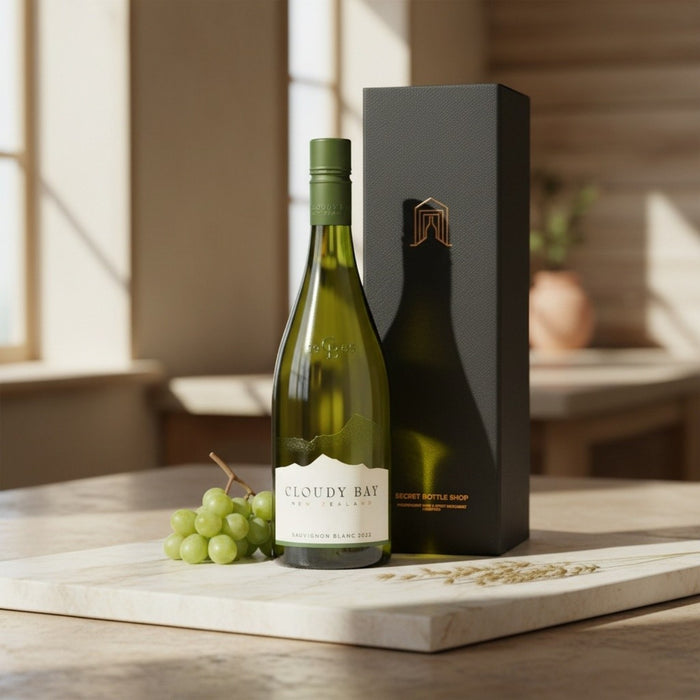 Wine bottle with grapes and packaging on a wooden surface