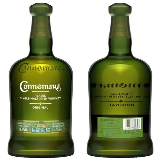 Connemara Peated Single Malt Irish Whiskey original front and back bottle shot with green glass bottle