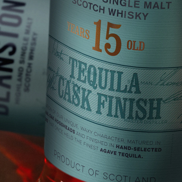 Close up label shot of Deanston 15 Year Old Tequila Cask Finish Whisky