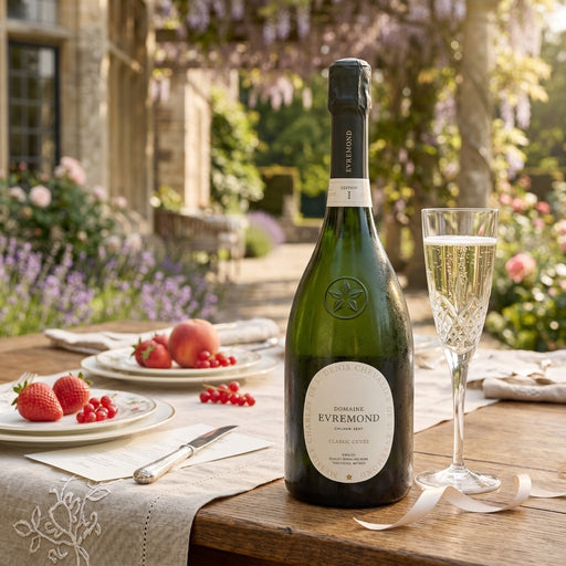 A bottle of Domain Evremond sparkling wine and a filled champagne flute on a wooden table in a garden setting with strawberries, peaches, and flowers in the background.