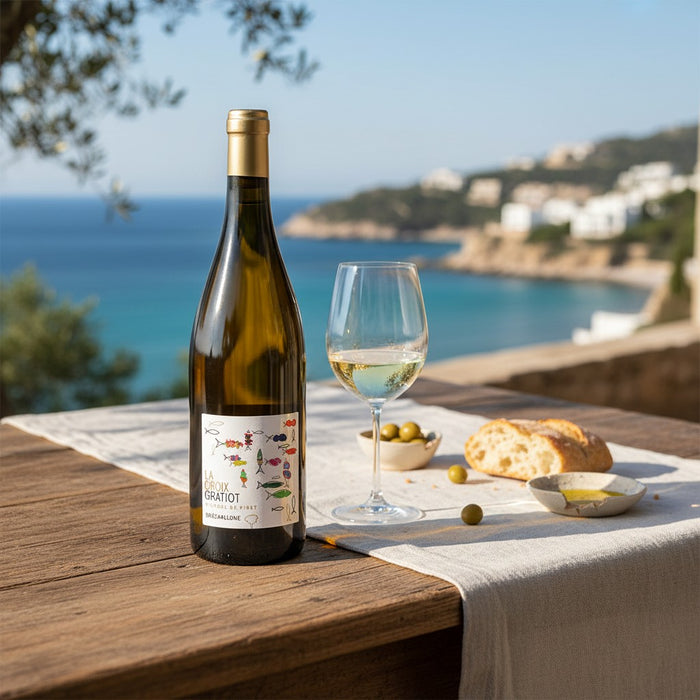 Domaine La Croix Gratiot Brechallune Picpoul de Pinet with a glass