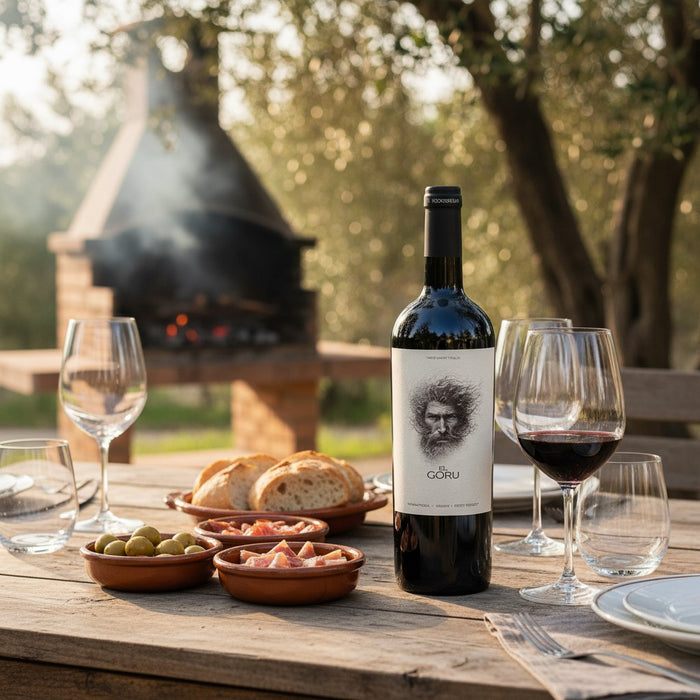Wine bottle with a label featuring a face, surrounded by wine glasses and snacks on a wooden table outdoors.