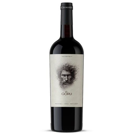 Wine bottle with a label featuring a black and white portrait on a white background