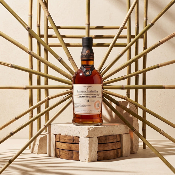 Foursquare 14 Year Old Rum Secret Bottle Shop Exclusive Private Cask Selection with bamboo editorial photo