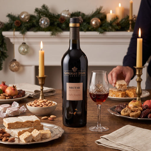 A bottle of Gonzalez Byass Jerez Nectar Sherry stands on a decorated holiday table beside a filled wine glass, with candles, nuts, figs, and pastries in a warm indoor setting.