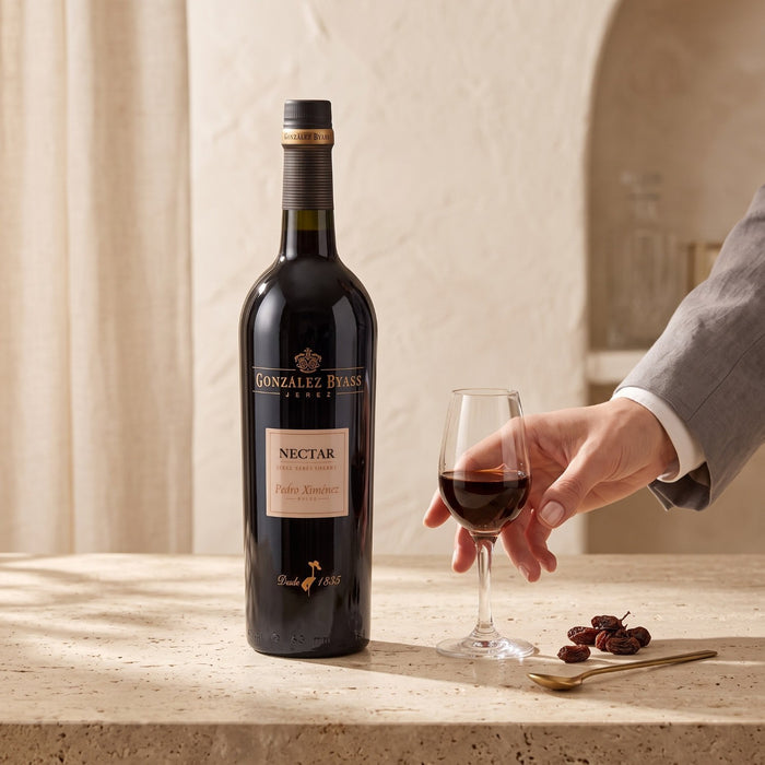 A bottle of Gonzalez Byass Nectar Sherry stands on a stone surface next to a hand holding a glass of red wine, with a few dark grapes and a spoon nearby in a warm, elegant setting.