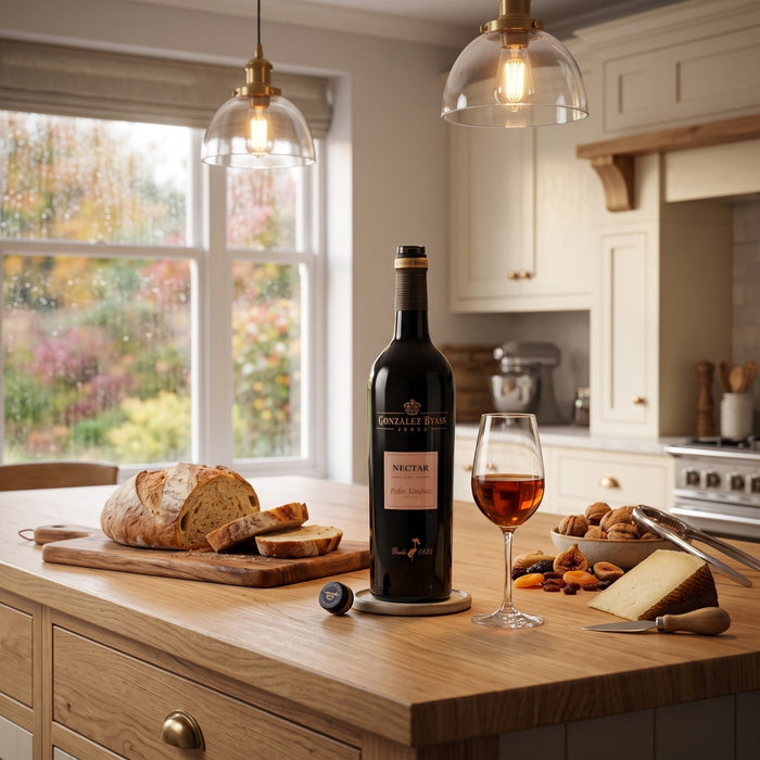 A bottle of Gonzalez Byass Nectar Sherry and glass sit on a wooden kitchen island, surrounded by sliced bread, cheese, nuts, and a corkscrew. A real kitchen interior with cabinets, pendant lights, and a window is visible in the background.
