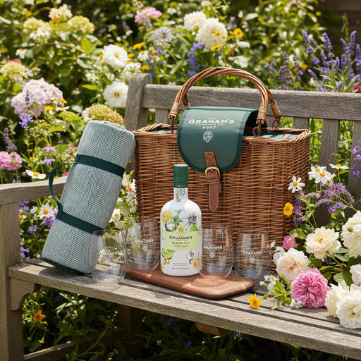 Grahams picnic hamper full set with basket, bottle of port, glasses, picnic rug and chopping board on a bench surrounded by flowers
