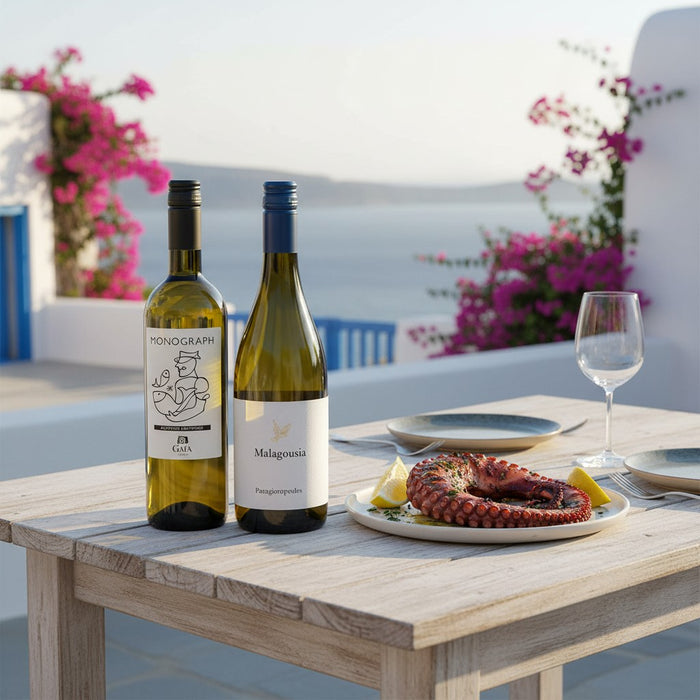 Greek White Wine Discovery Duo with octopus