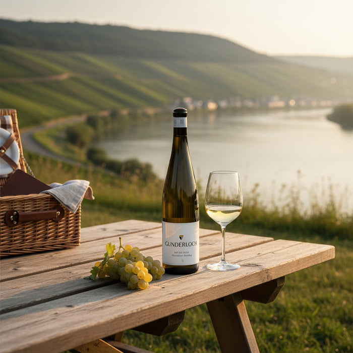 Gunderloch Roter Hang Erste Lage Nierstein Riesling with a glass of wine and grapes