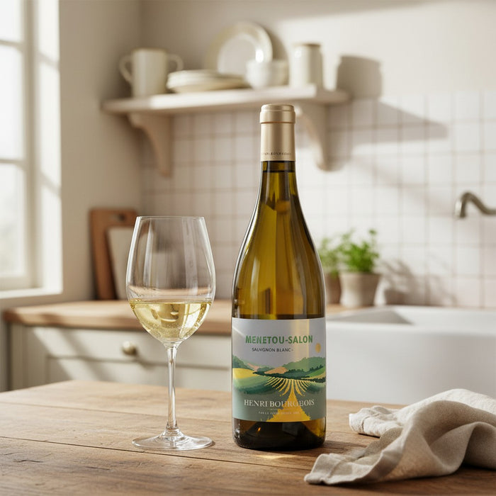 Bottle of wine and glass on a kitchen counter with a warm and inviting atmosphere.