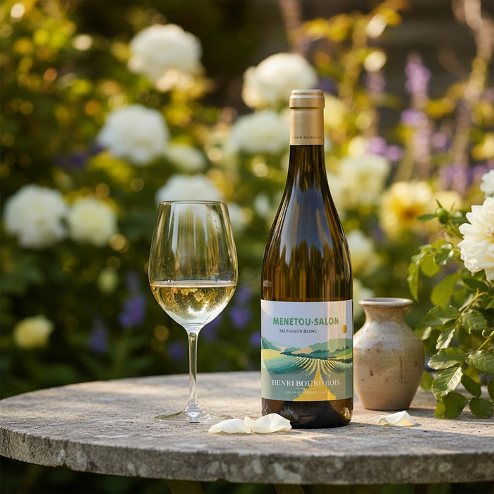 Bottle of Menetou-Salon wine with a glass on a table outdoors.
