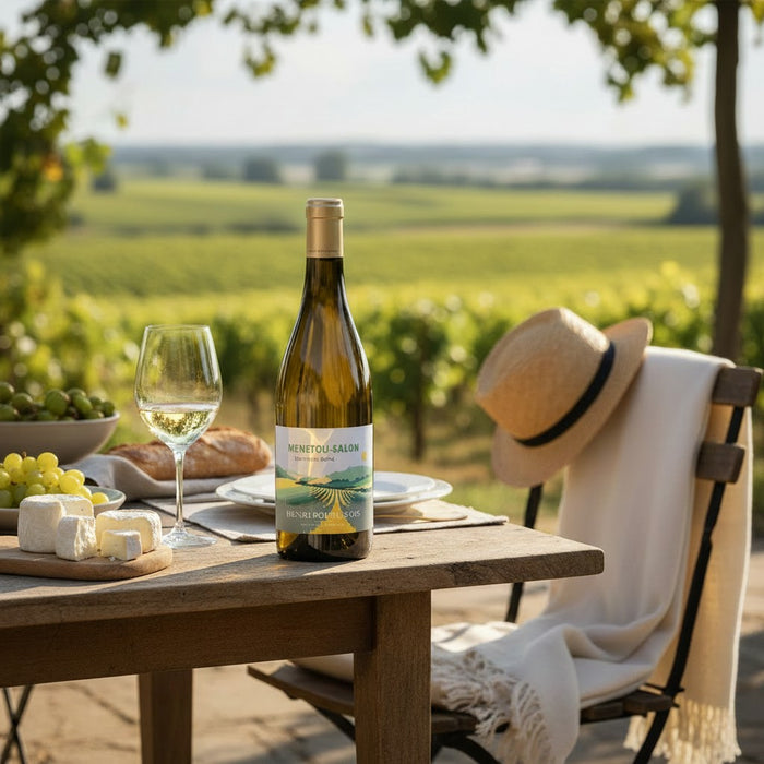 Wine bottle with a glass of white wine on a table in a vineyard setting