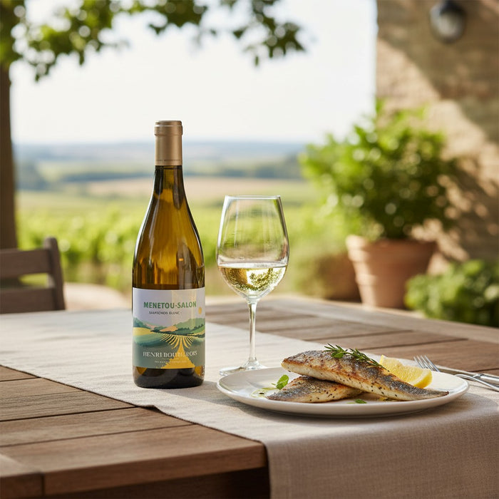 Bottle of Menetou-Salon wine with a glass on a table outdoors with a scenic background