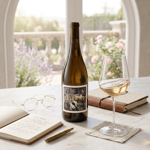 Idlewild Flora & Fauna White in a home office setting with a glass of white wine