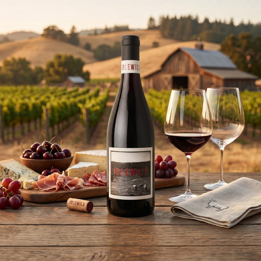 Idlewild Lost Hills Ranch Dolcetto with a glass of red wine and tapas on a Californian vineyard setting