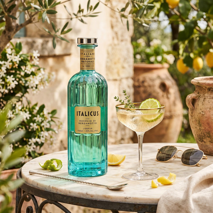 Bottle of Italicus liqueur on a table with a cocktail and lemon slices outdoors.