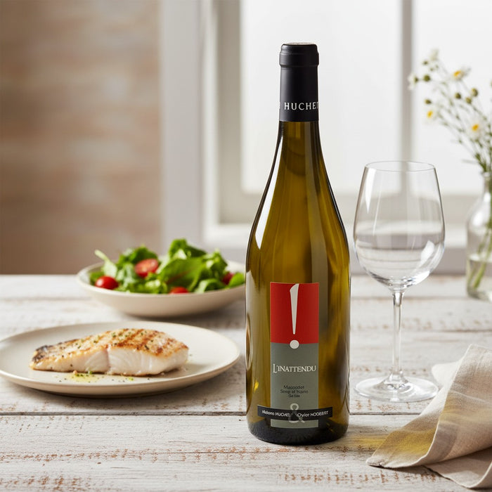 BOTTLE OF WINE WITH FISH AND SALAD.