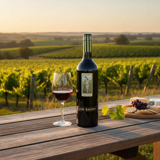 Wine bottle and glass on a wooden table with vineyard background