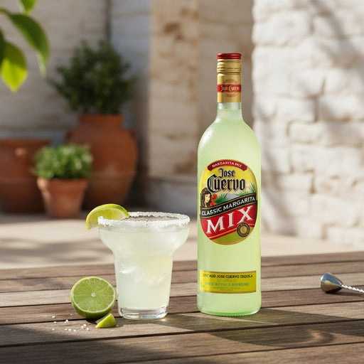 Bottle of Jose Cuervo Margarita Mix with a glass of margarita on a wooden surface.