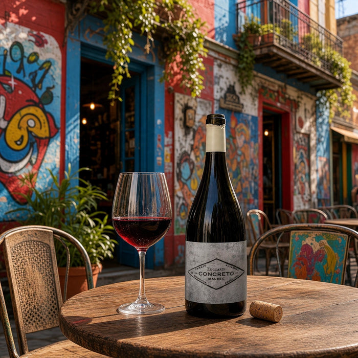 Jose Zuccardi Concreto Malbec in a colourful cafe scene