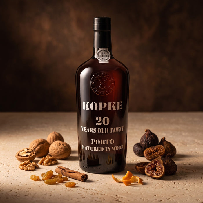 A dark amber-brown bottle of Kopke 20 Years Old Tawny Port wine, styled on a textured beige stone surface with walnuts, figs, cinnamon sticks, and dried orange peel against a dark brown background.
