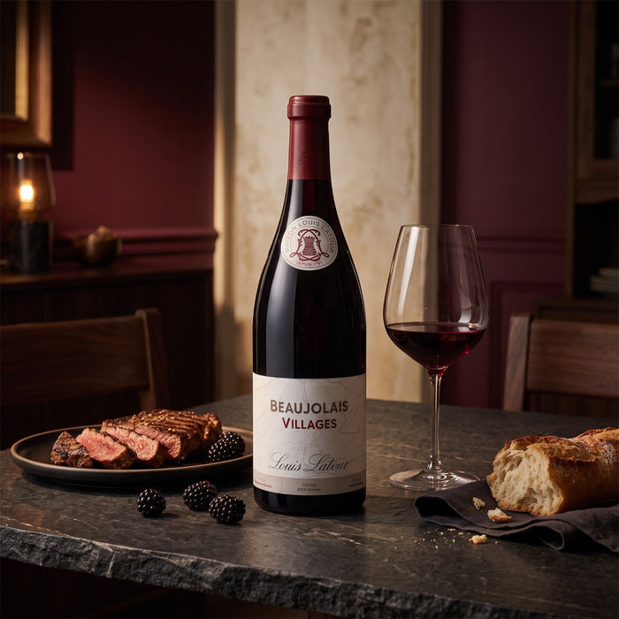 A bottle of Beaujolais Villages red wine by Louis Lator stands on a dark stone table beside a filled wine glass, with sliced steak, blackberries, and a loaf of bread in a warmly lit dining setting.