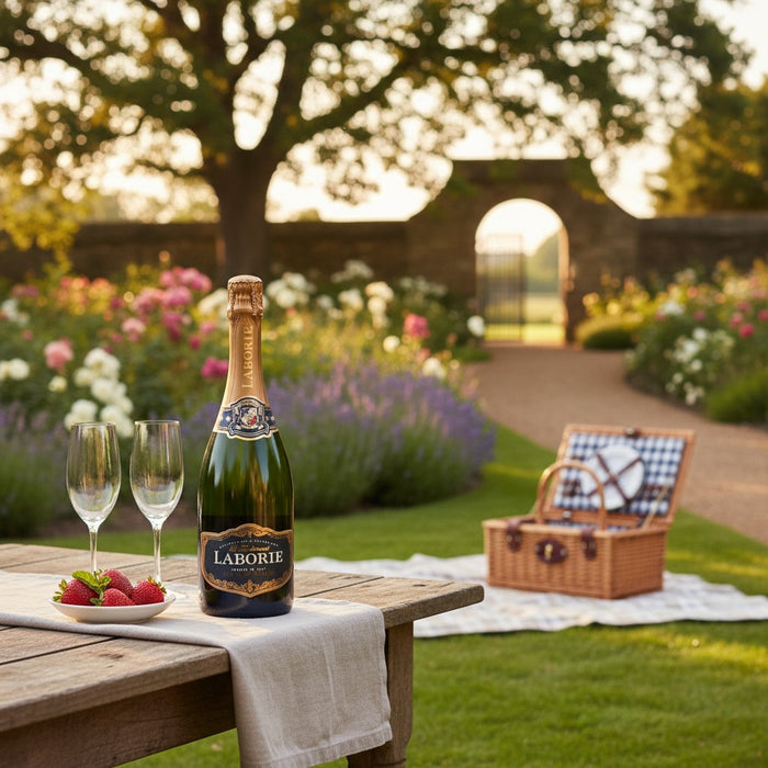 Bottle of Laborie champagne with two glasses and a picnic basket in a garden setting.