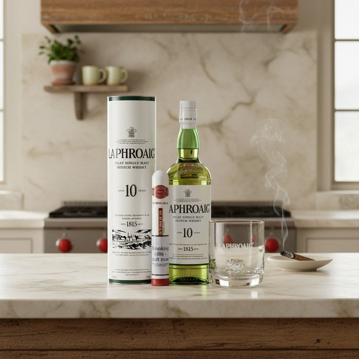 Laphroaig whisky bottles and packaging on a kitchen counter with a glass of water.