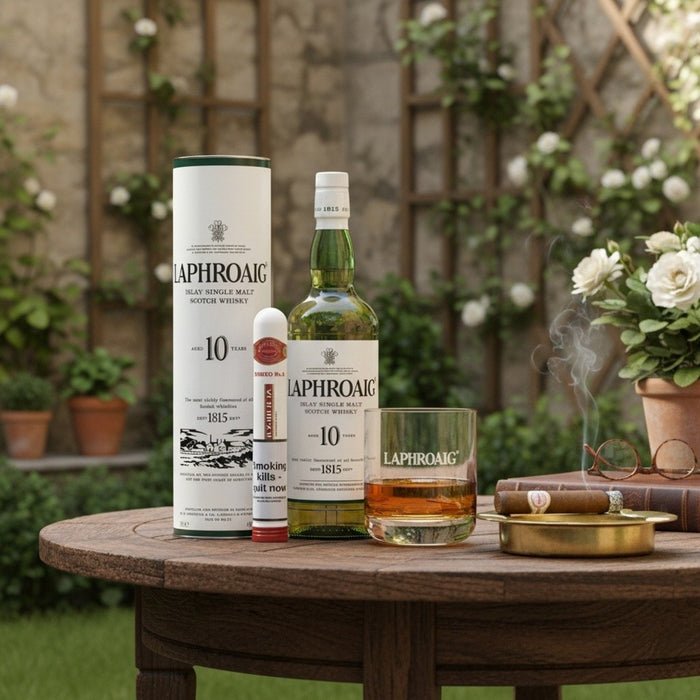 Laphroaig 10 Year Old Whisky, Glass & Romeo y Julieta No.2 Cigar Gift Bundle 70cl