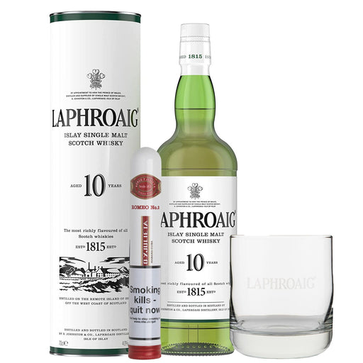 Laphroaig 10 Year Old Whisky, Glass & Romeo y Julieta No.2 Cigar Gift Bundle