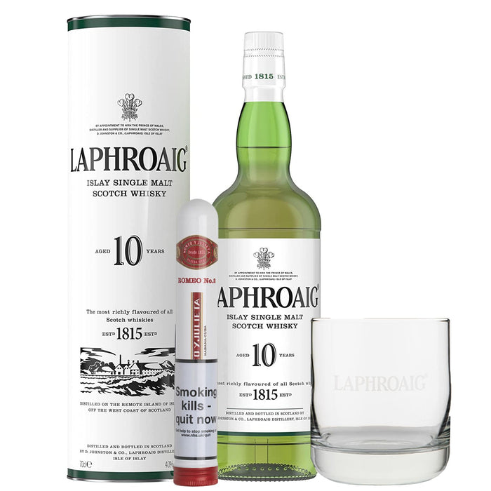 Laphroaig 10 Year Old Whisky, Glass & Romeo y Julieta No.2 Cigar Gift Bundle