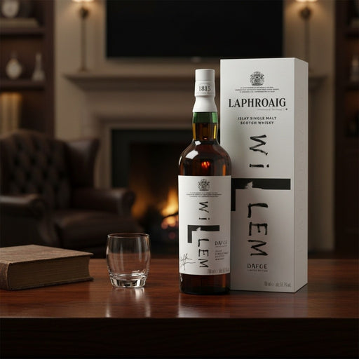 Laphroaig whisky bottle and packaging on a wooden table with a fireplace in the background