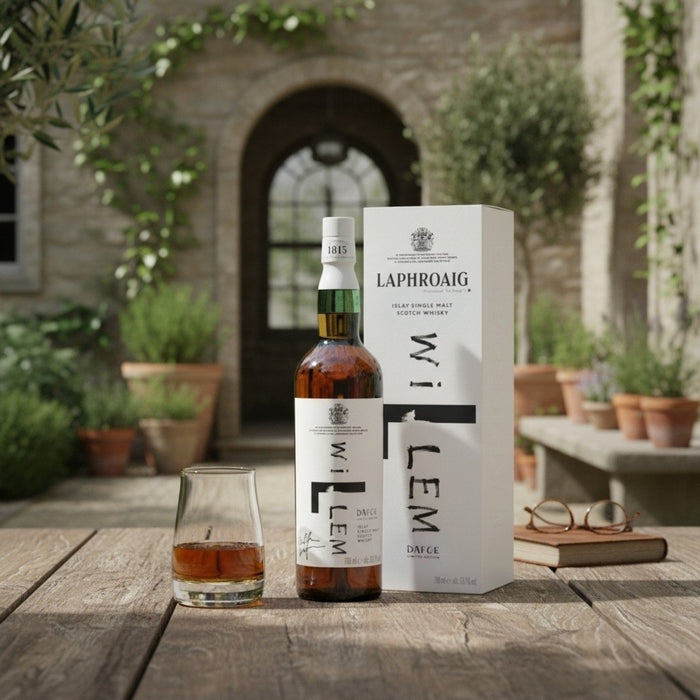 Laphroaig whisky bottle and packaging on a wooden table outdoors.
