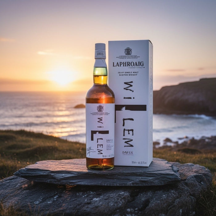 Bottle and box of Laphroaig whisky with a scenic background